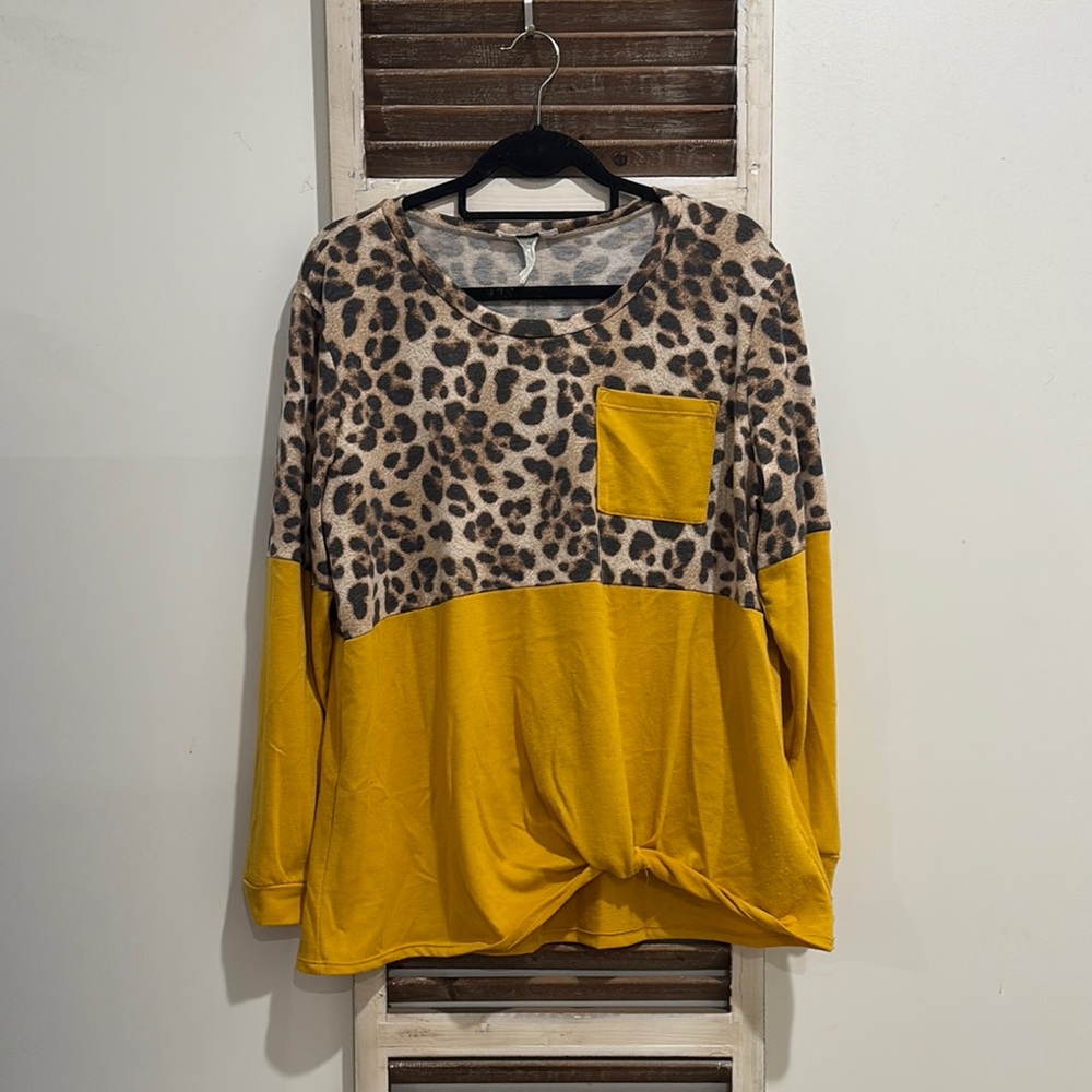 Moa Moa Brown and Yellow Tie Front Long Sleeve Tee